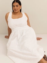 White Eyelet Lace Sleeveless Midi Dress with Elastic Waist – Women's Summer Casual Dress
