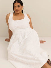 White Eyelet Lace Sleeveless Midi Dress with Elastic Waist – Women's Summer Casual Dress