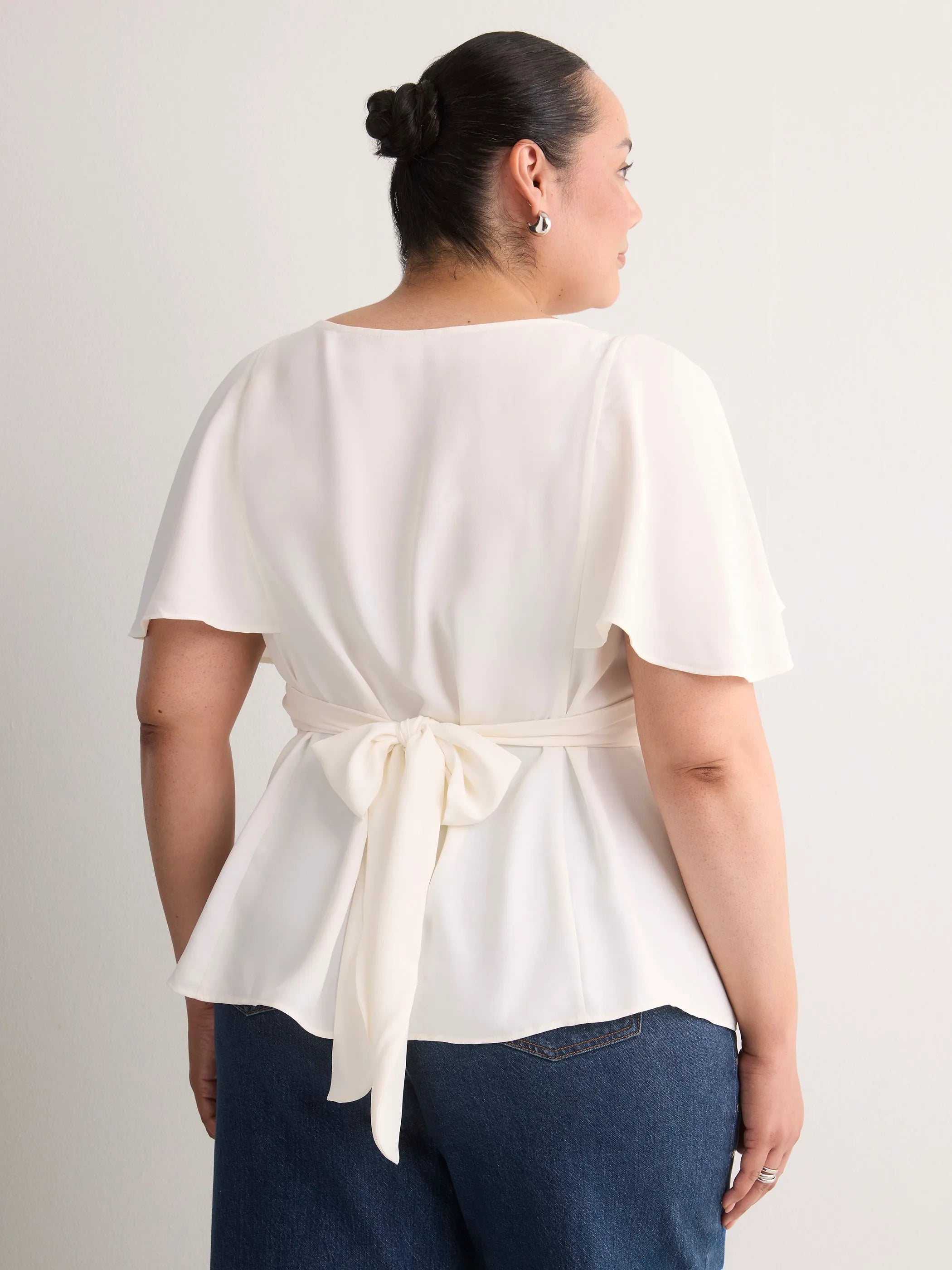 Responsible Cape Flutter-Sleeve Silky Blouse with Self Sash