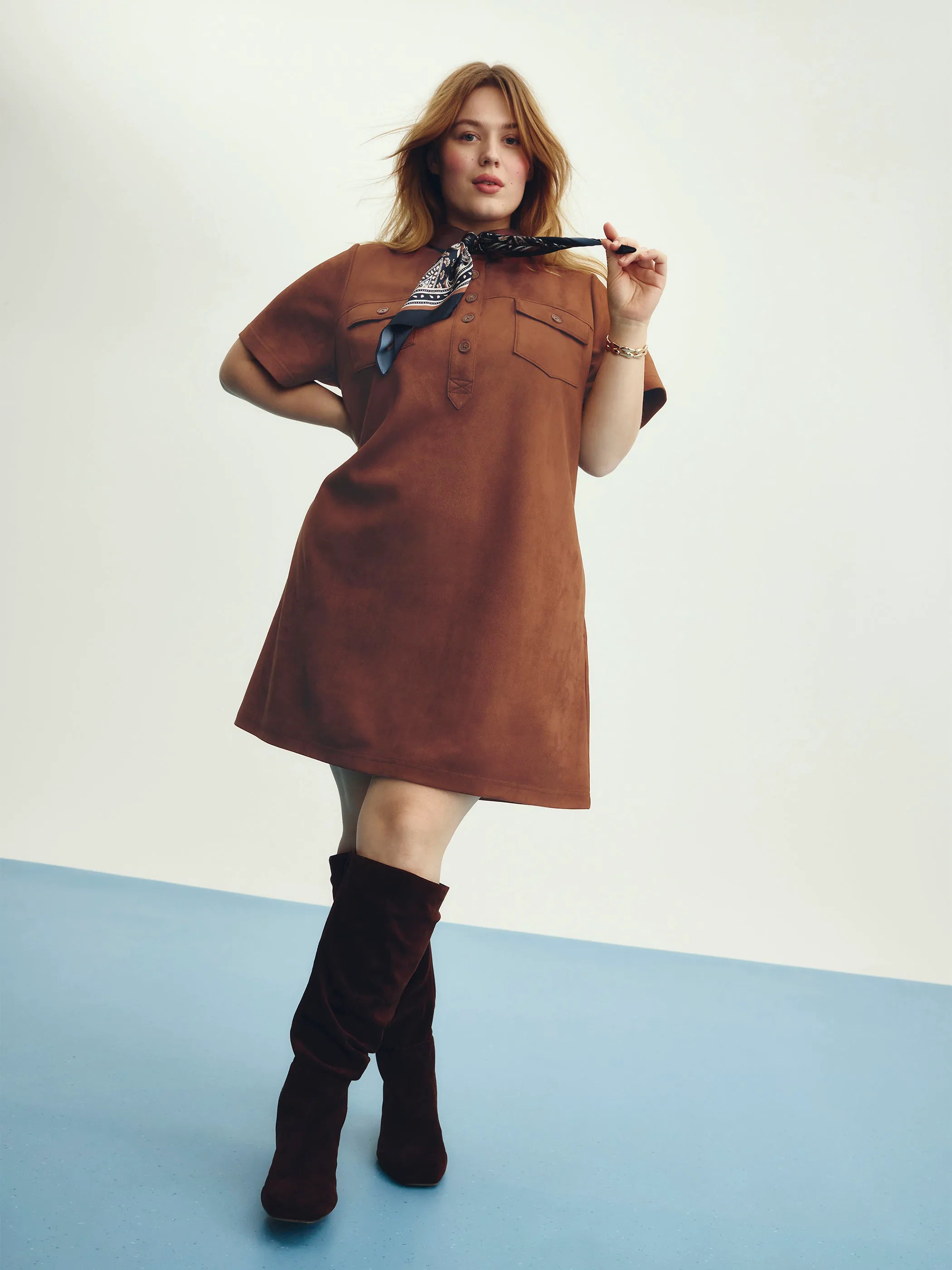 Faux Suede Shirt Dress with Pockets – Women's Casual Button-Down Dress