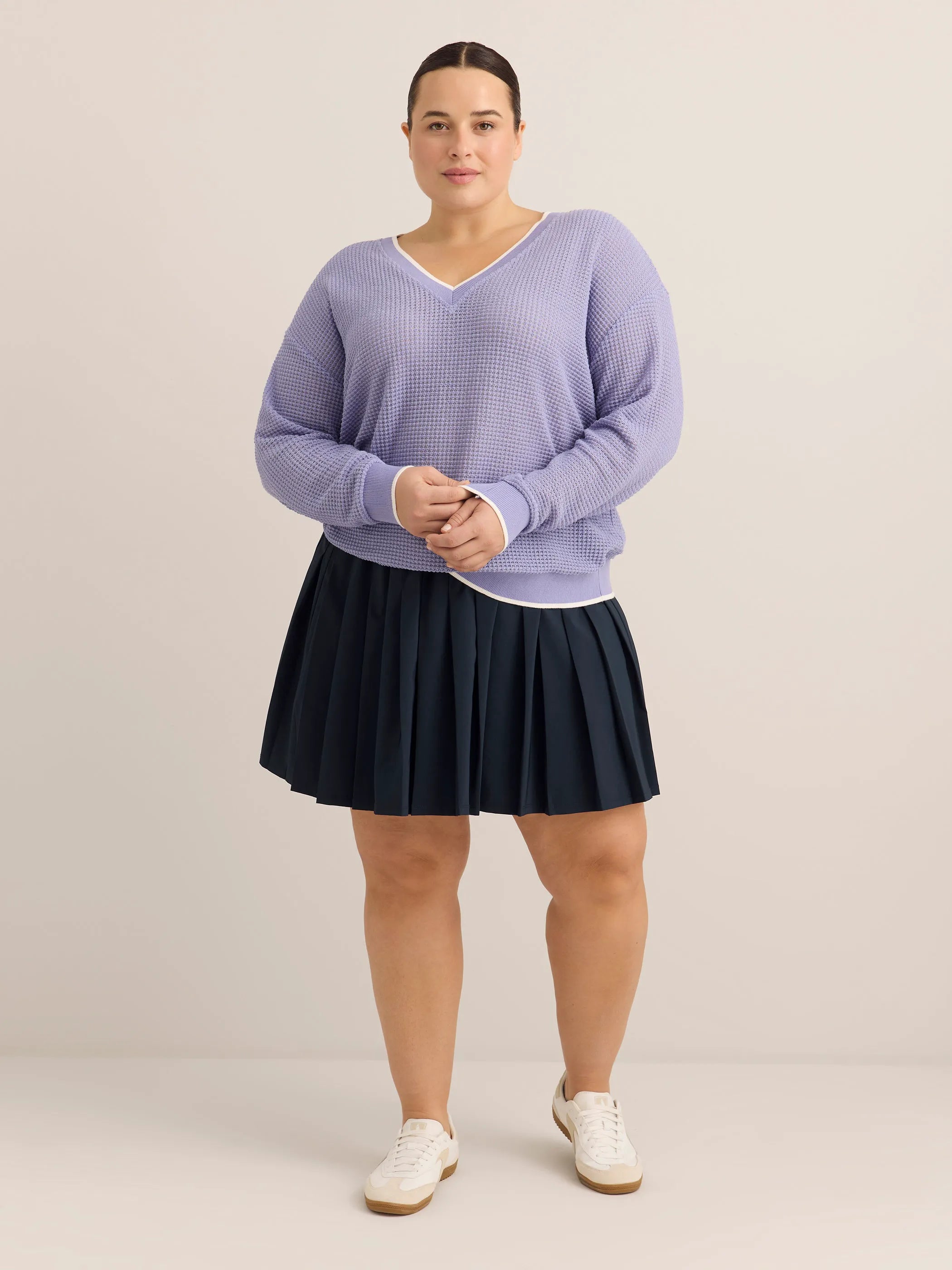 Active Zone Violet Crochet Waffle Knit V-Neck Pullover