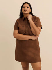 Faux Suede Shirt Dress with Pockets – Women's Casual Button-Down Dress