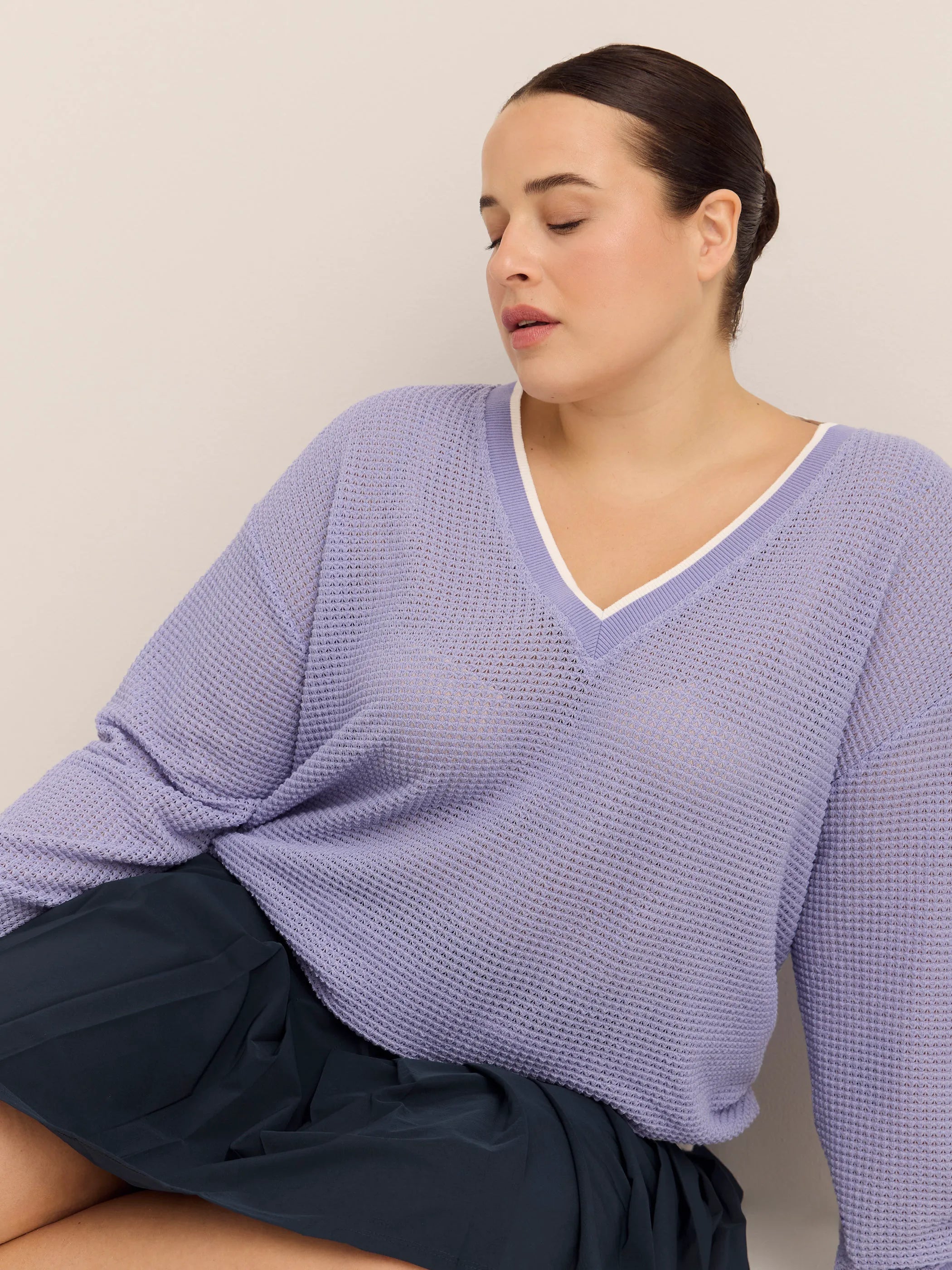 Active Zone Violet Crochet Waffle Knit V-Neck Pullover